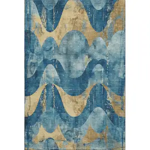 Photo of Teal And Gold Abstract Washable Area Rug With UV Protection