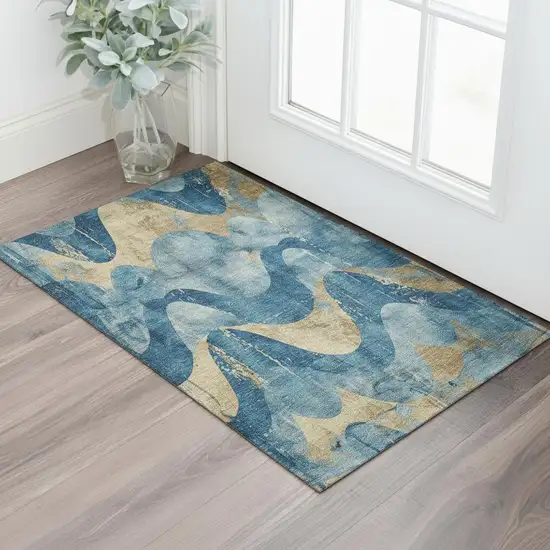 Teal And Gold Abstract Washable Area Rug With UV Protection Photo 2