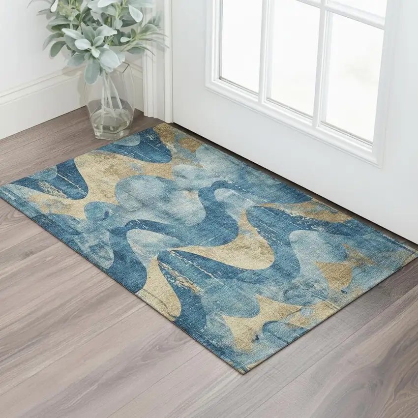 Teal And Gold Abstract Washable Area Rug With UV Protection Photo 2