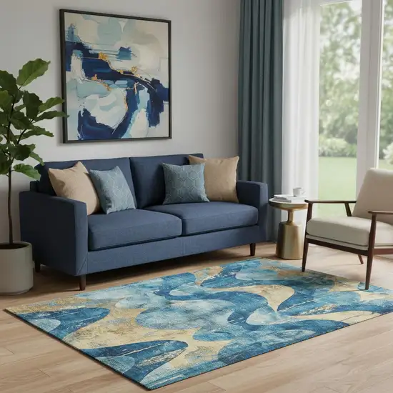 Teal And Gold Abstract Washable Area Rug With UV Protection Photo 2