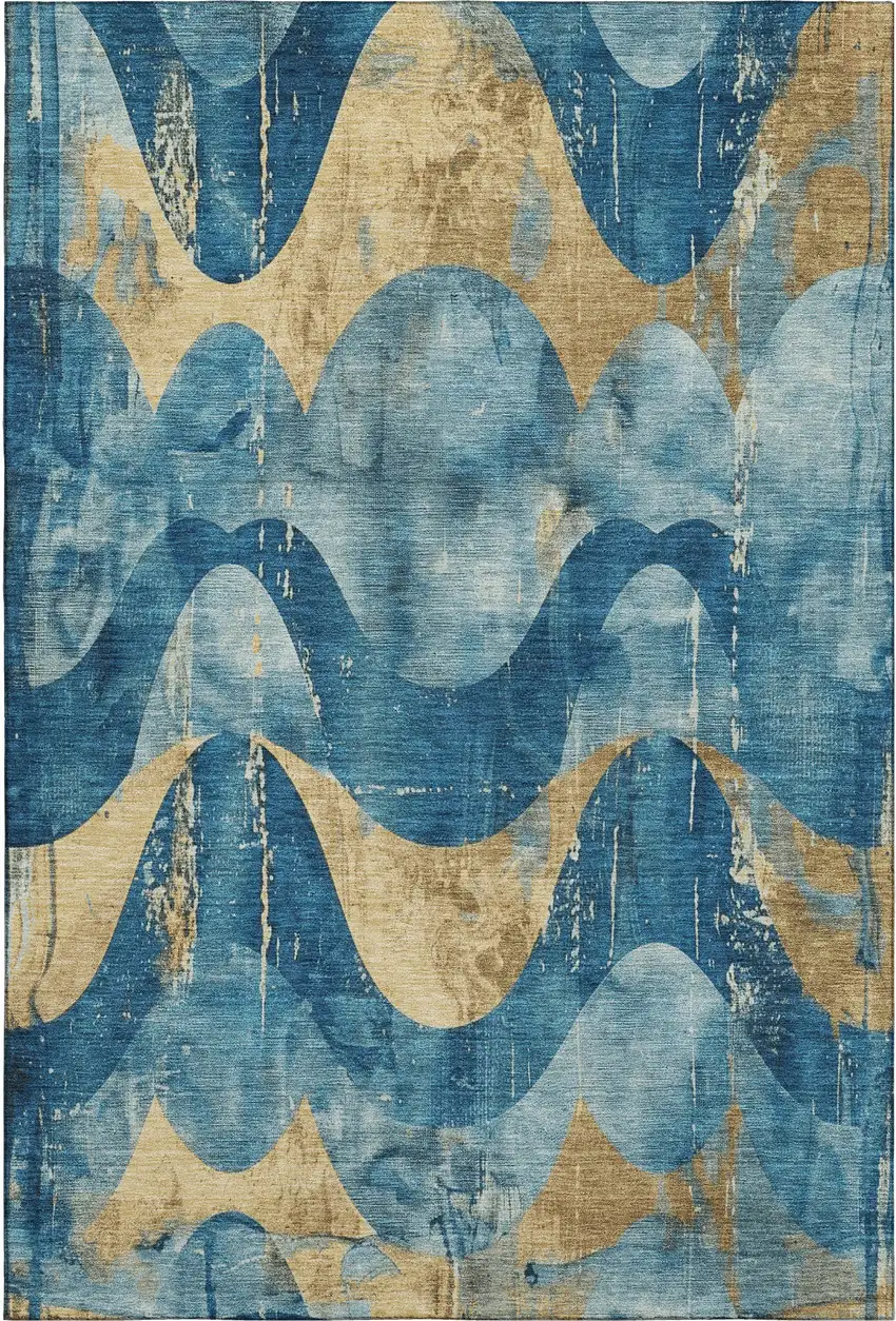Teal And Gold Abstract Washable Area Rug With UV Protection Photo 1