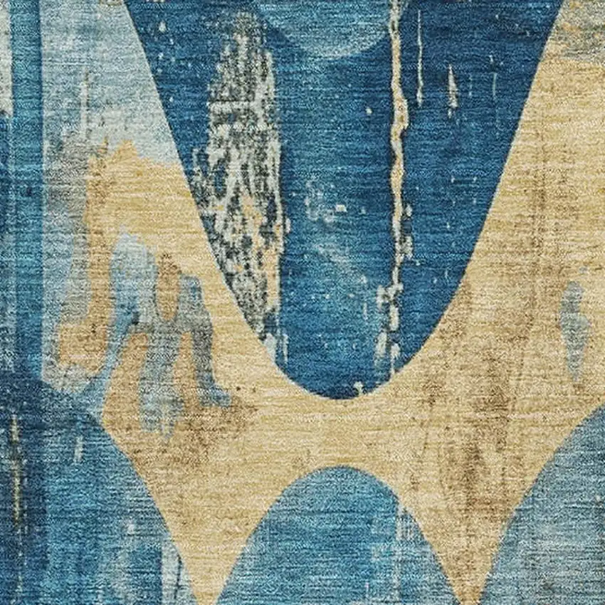 Teal And Gold Abstract Washable Area Rug With UV Protection Photo 2