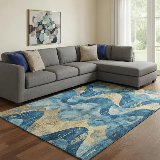 Teal And Gold Abstract Washable Area Rug With UV Protection Photo 1