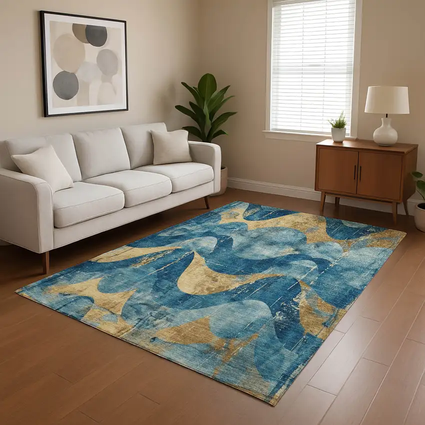Teal And Gold Abstract Washable Area Rug With UV Protection Photo 4