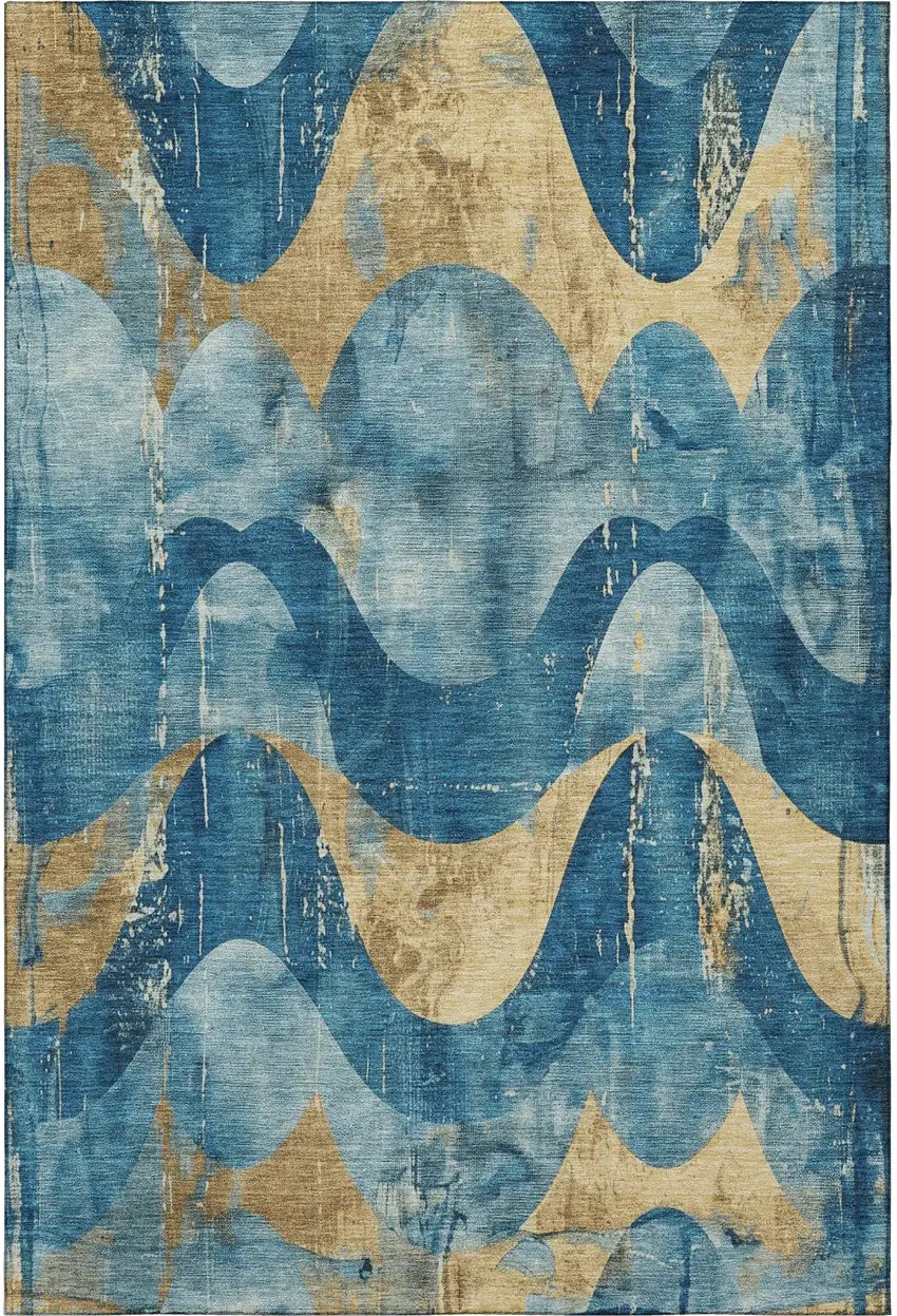 Teal And Gold Abstract Washable Area Rug With UV Protection Photo 3