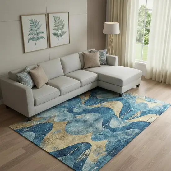 Teal And Gold Abstract Washable Area Rug With UV Protection Photo 2