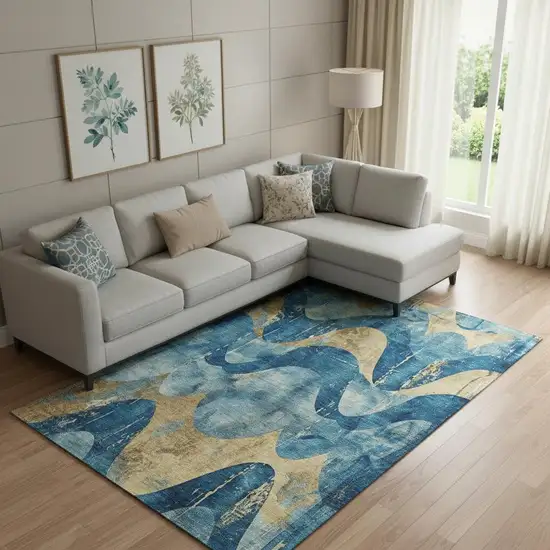 Teal And Gold Abstract Washable Area Rug With UV Protection Photo 2