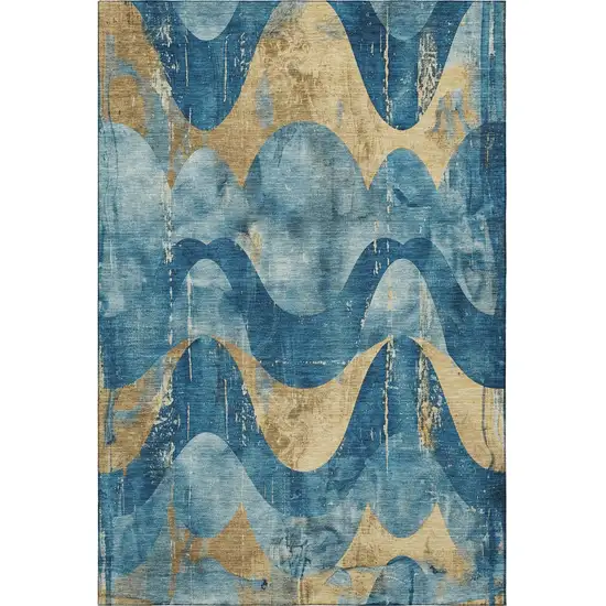 Teal And Gold Abstract Washable Area Rug With UV Protection Photo 2