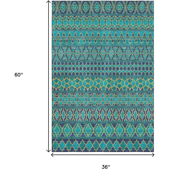 Teal And Gold Ikat Washable Area Rug With UV Protection Photo 3
