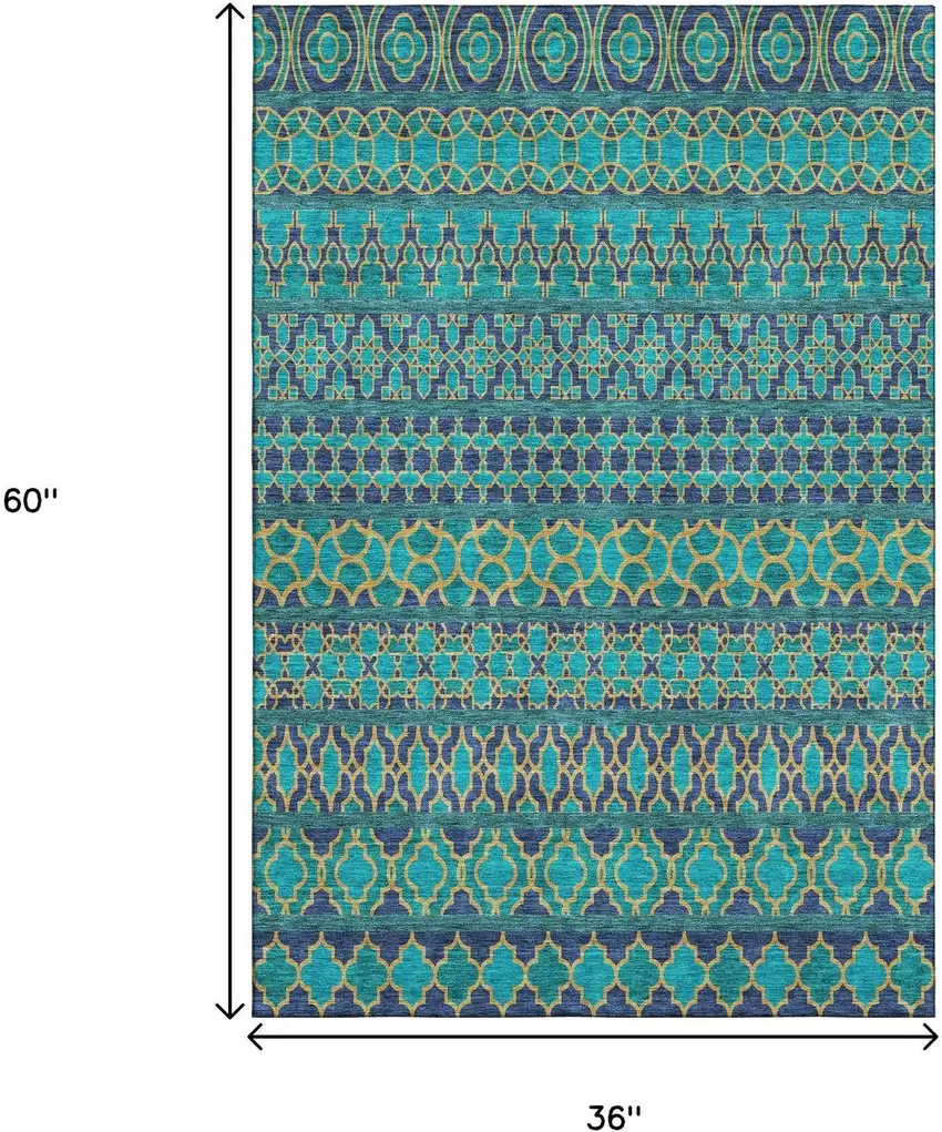 Teal And Gold Ikat Washable Area Rug With UV Protection Photo 3
