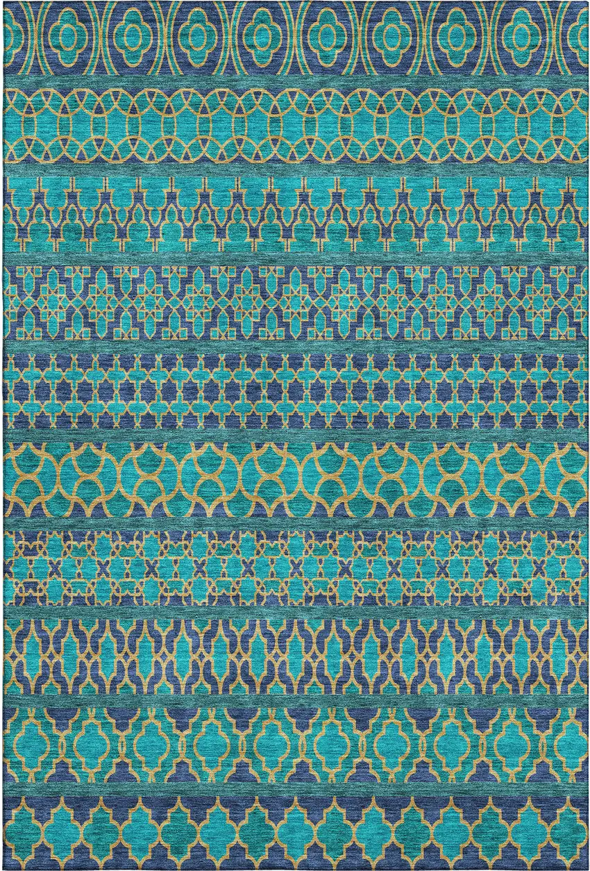 Teal And Gold Ikat Washable Area Rug With UV Protection Photo 1