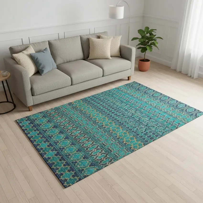 Teal And Gold Ikat Washable Area Rug With UV Protection Photo 2