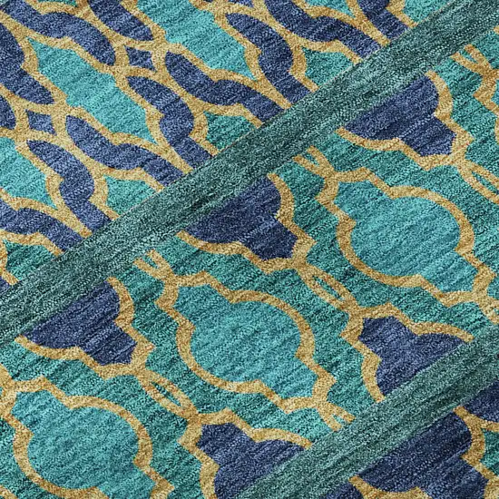 Teal And Gold Ikat Washable Area Rug With UV Protection Photo 8