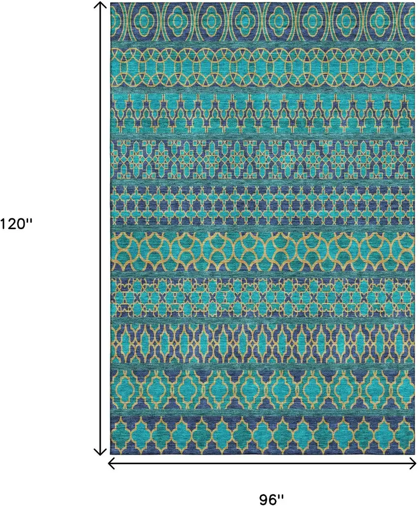 Teal And Gold Ikat Washable Area Rug With UV Protection Photo 3