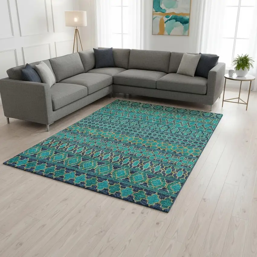 Teal And Gold Ikat Washable Area Rug With UV Protection Photo 2