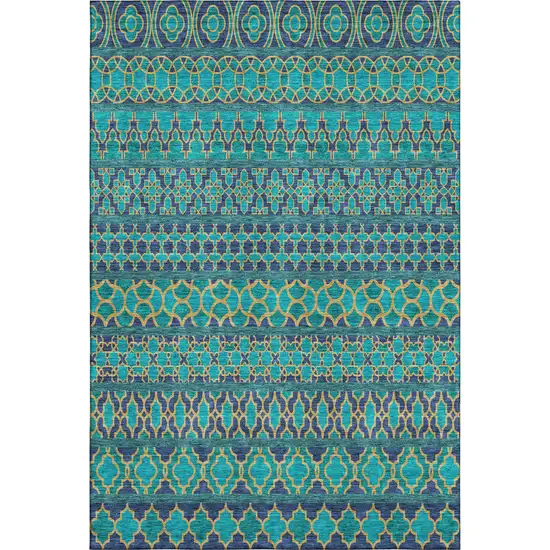 Teal And Gold Ikat Washable Area Rug With UV Protection Photo 1