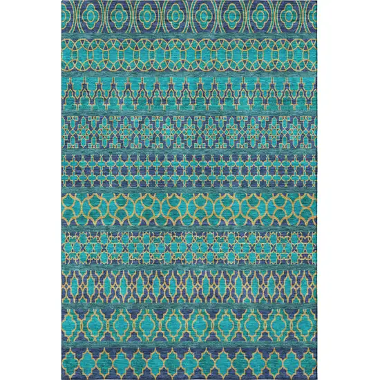Teal And Gold Ikat Washable Area Rug With UV Protection Photo 4