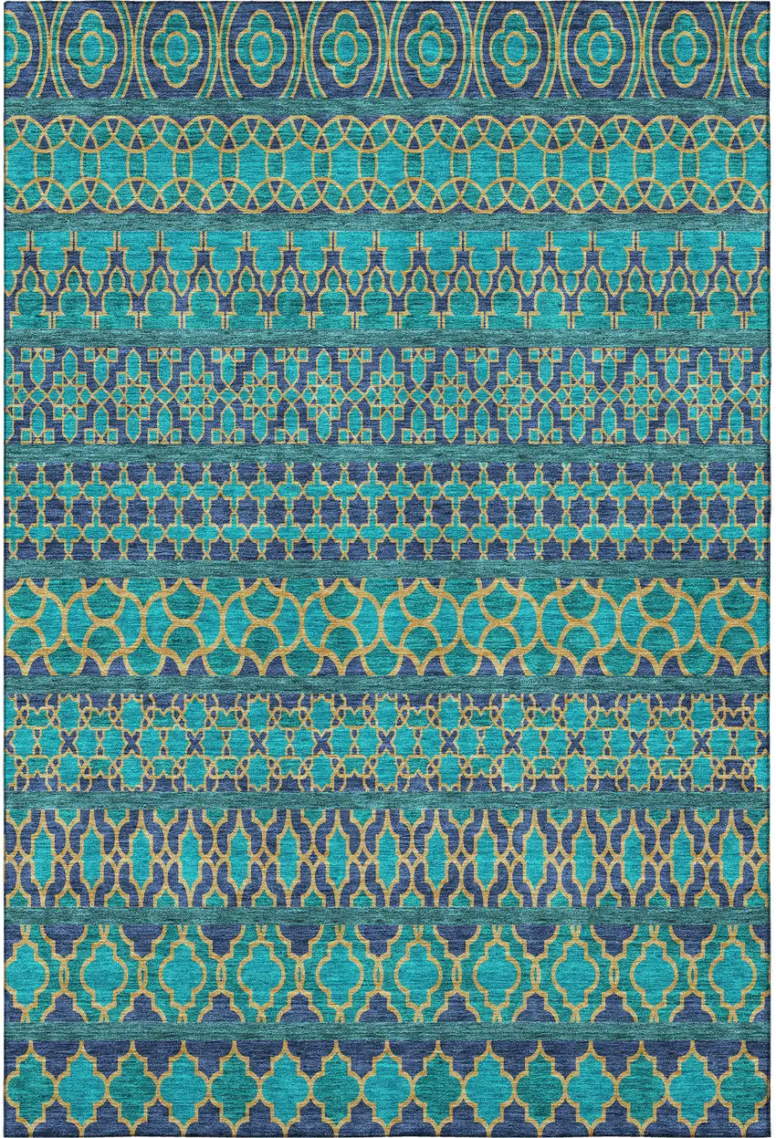 Teal And Gold Ikat Washable Area Rug With UV Protection Photo 4
