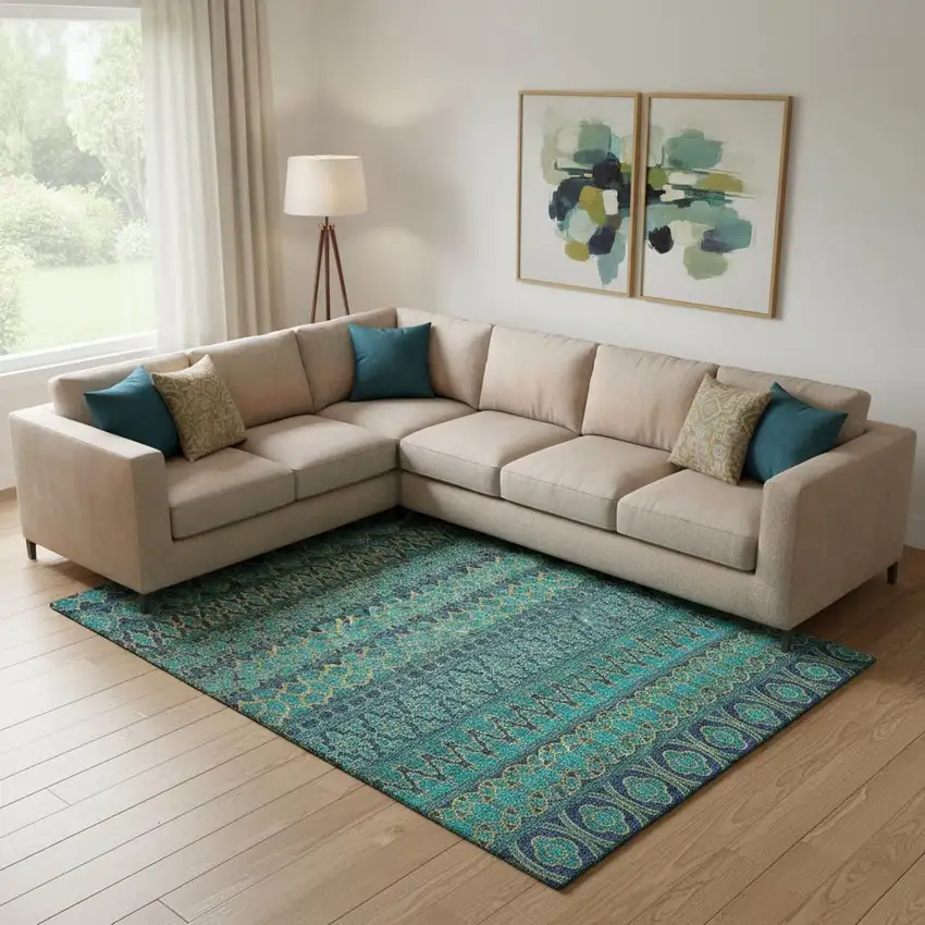 Teal And Gold Ikat Washable Area Rug With UV Protection Photo 1