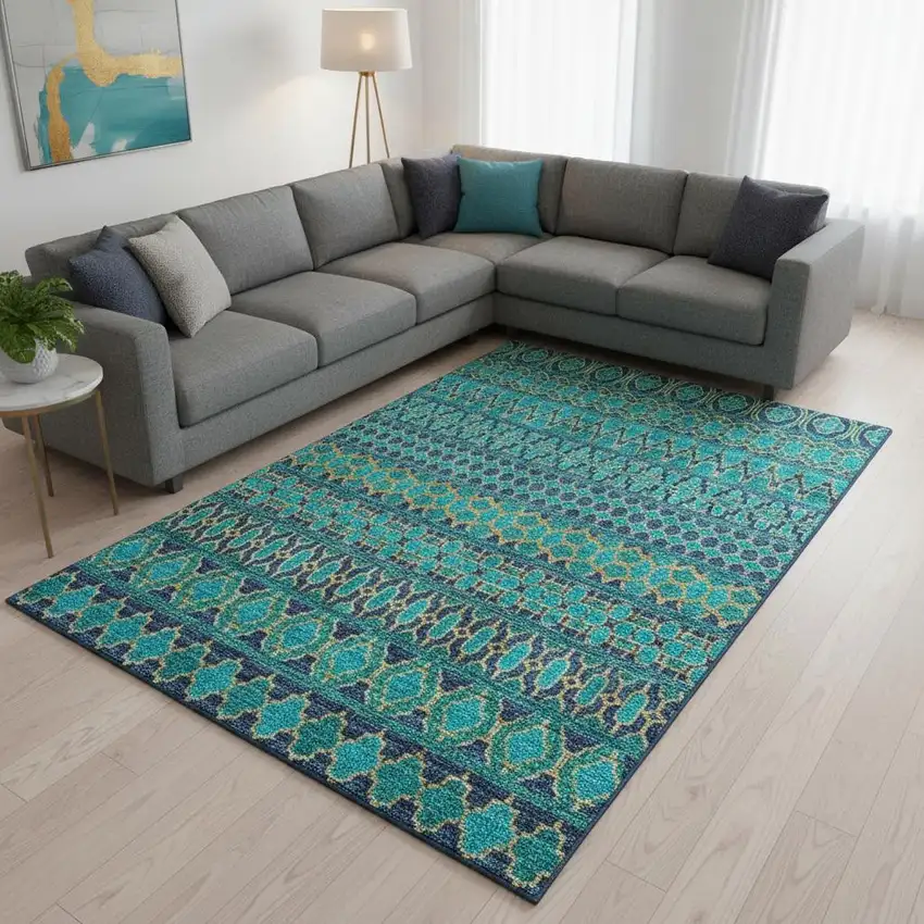 Teal And Gold Ikat Washable Area Rug With UV Protection Photo 2