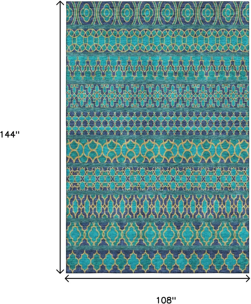 Teal And Gold Ikat Washable Area Rug With UV Protection Photo 3