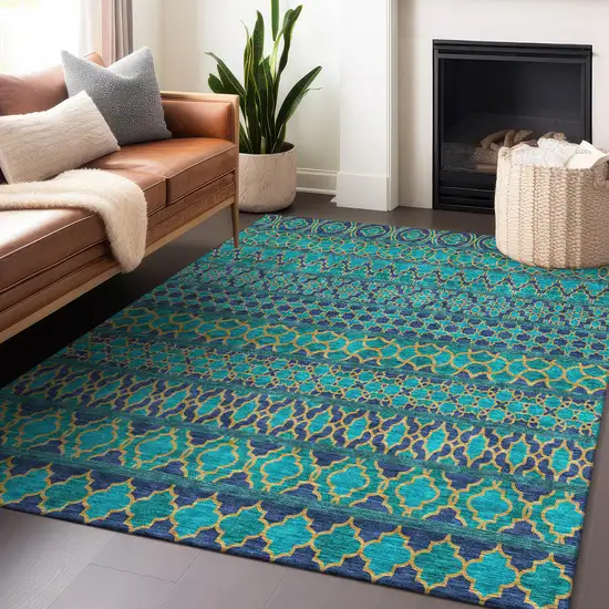 Teal And Gold Ikat Washable Area Rug With UV Protection Photo 6
