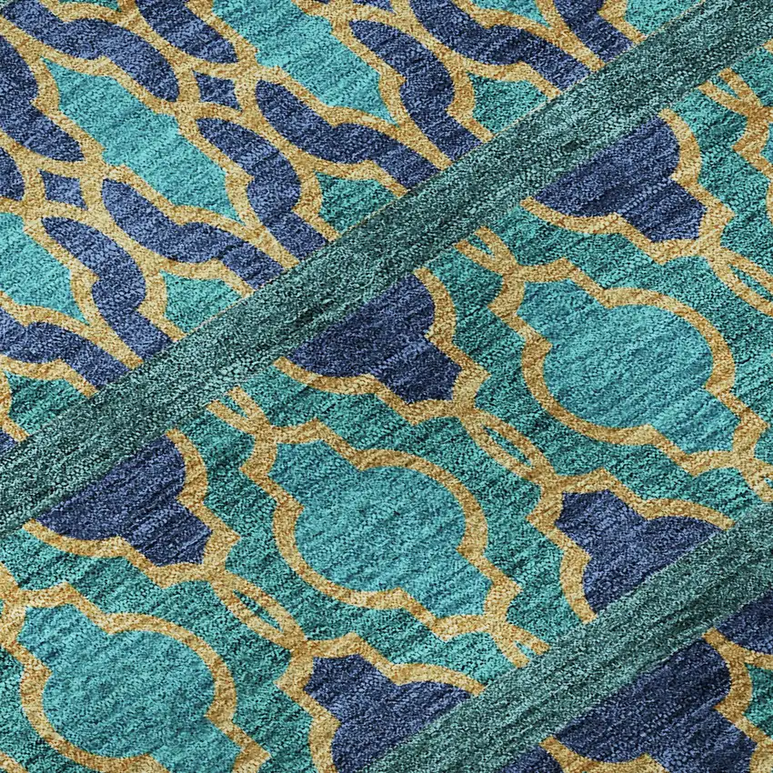 Teal And Gold Ikat Washable Area Rug With UV Protection Photo 9