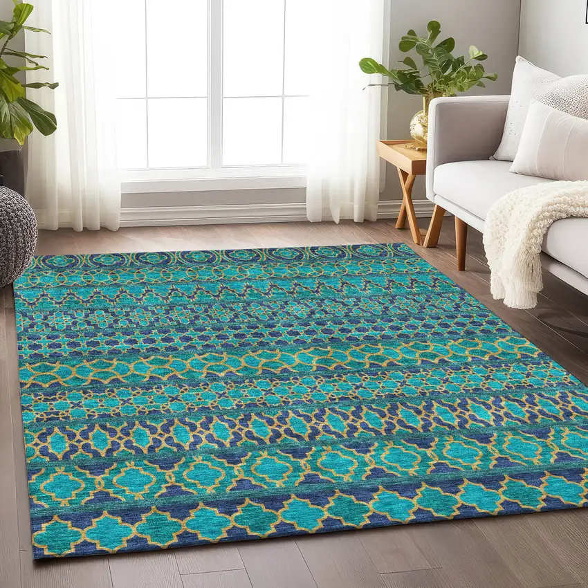 Teal And Gold Ikat Washable Area Rug With UV Protection Photo 5