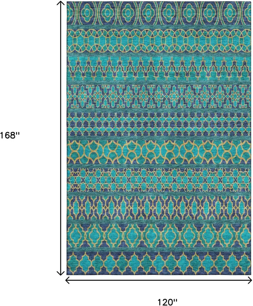 Teal And Gold Ikat Washable Area Rug With UV Protection Photo 3