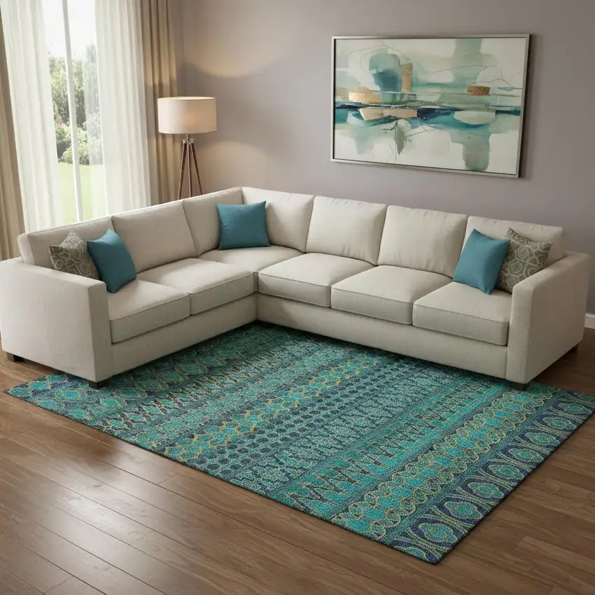 Teal And Gold Ikat Washable Area Rug With UV Protection Photo 1