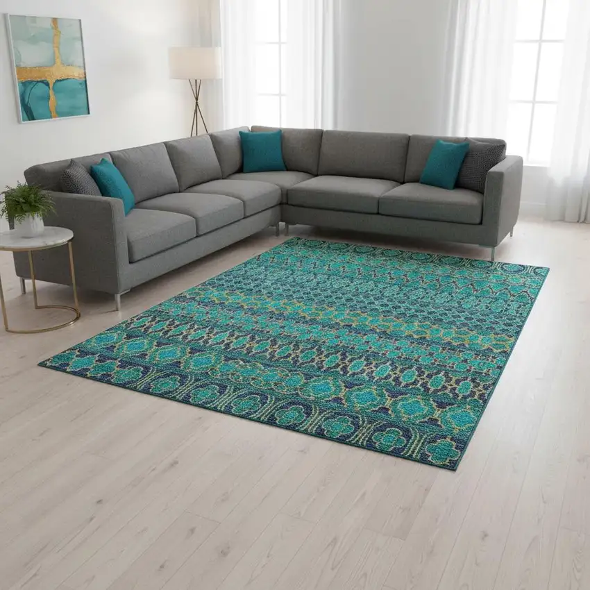 Teal And Gold Ikat Washable Area Rug With UV Protection Photo 2