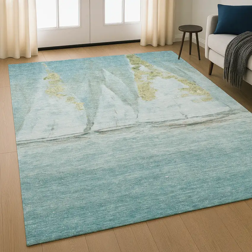 Teal And Gold Nautical Washable Area Rug With UV Protection Photo 5