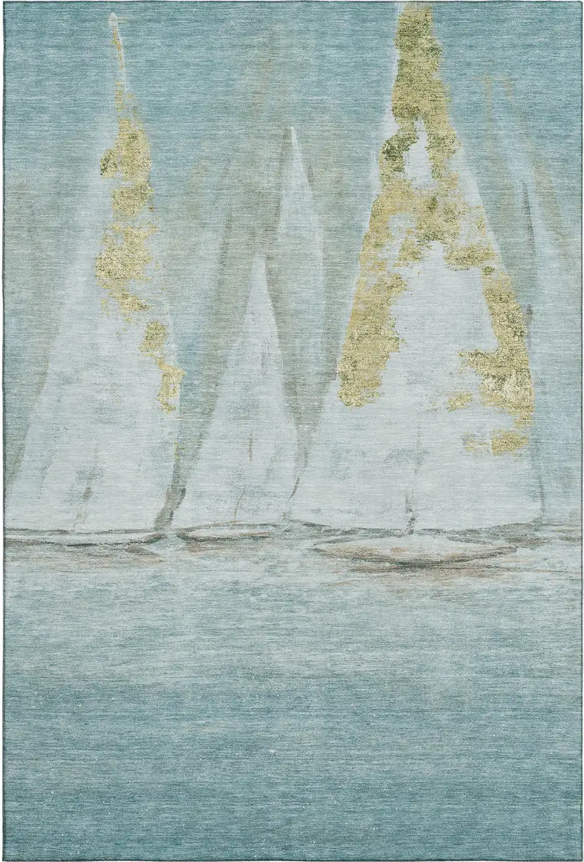 Teal And Gold Nautical Washable Area Rug With UV Protection Photo 6