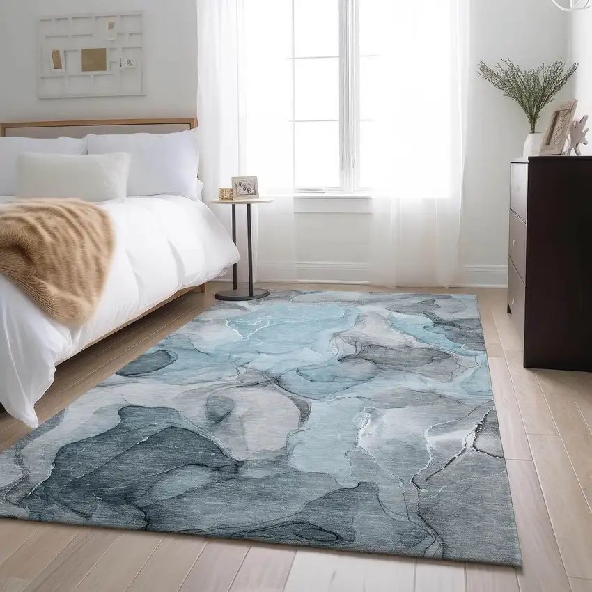 Teal And Gray Abstract Washable Area Rug With UV Protection Photo 4