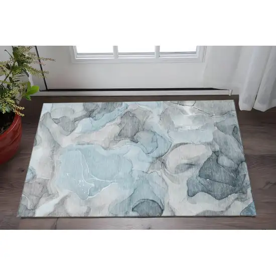 Teal And Gray Abstract Washable Area Rug With UV Protection Photo 2