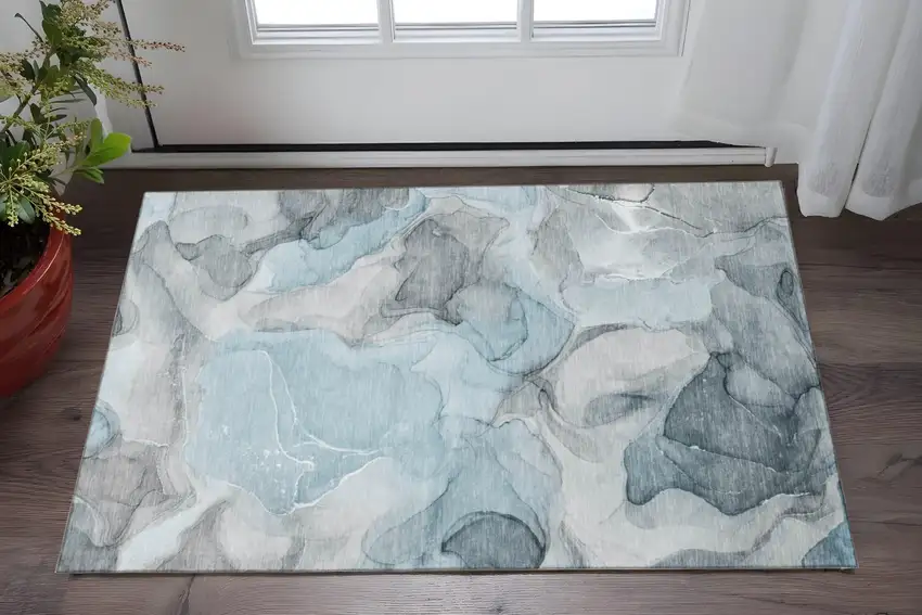 Teal And Gray Abstract Washable Area Rug With UV Protection Photo 2