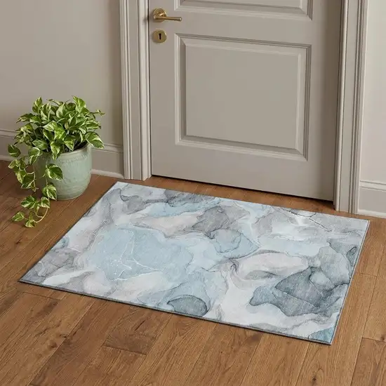 Teal And Gray Abstract Washable Area Rug With UV Protection Photo 1