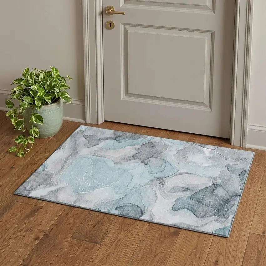 Teal And Gray Abstract Washable Area Rug With UV Protection Photo 1
