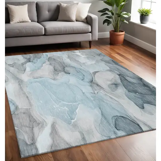 Teal And Gray Abstract Washable Area Rug With UV Protection Photo 2