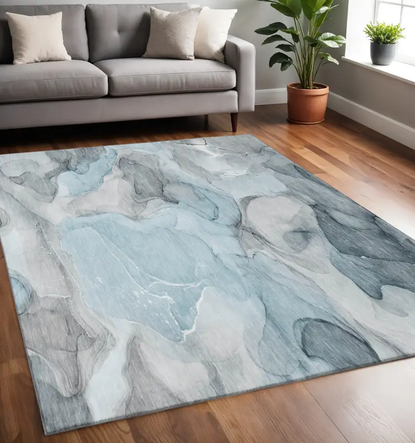 Teal And Gray Abstract Washable Area Rug With UV Protection Photo 2