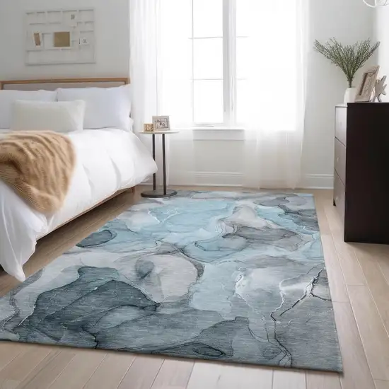 Teal And Gray Abstract Washable Area Rug With UV Protection Photo 5