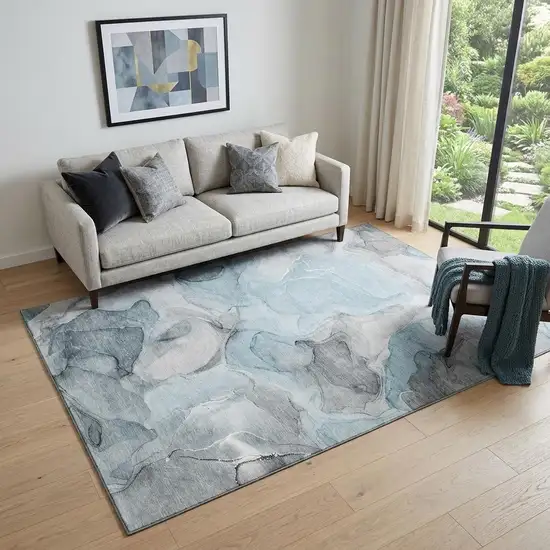Teal And Gray Abstract Washable Area Rug With UV Protection Photo 1
