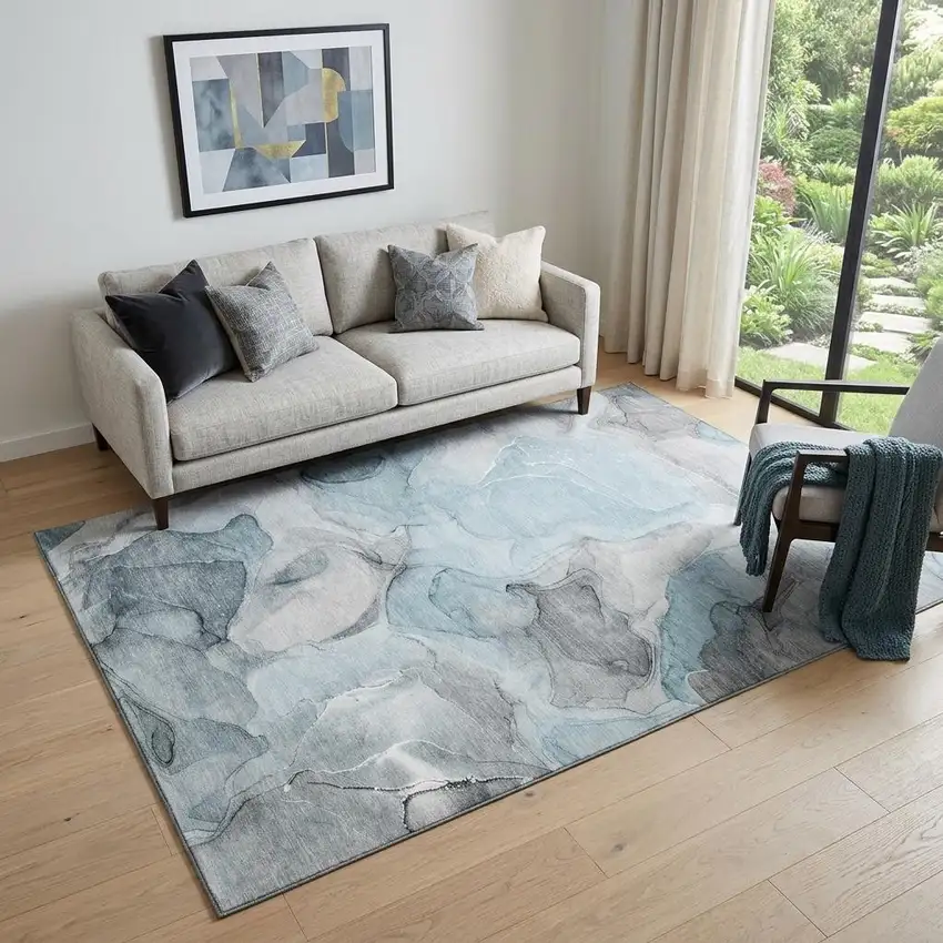 Teal And Gray Abstract Washable Area Rug With UV Protection Photo 1