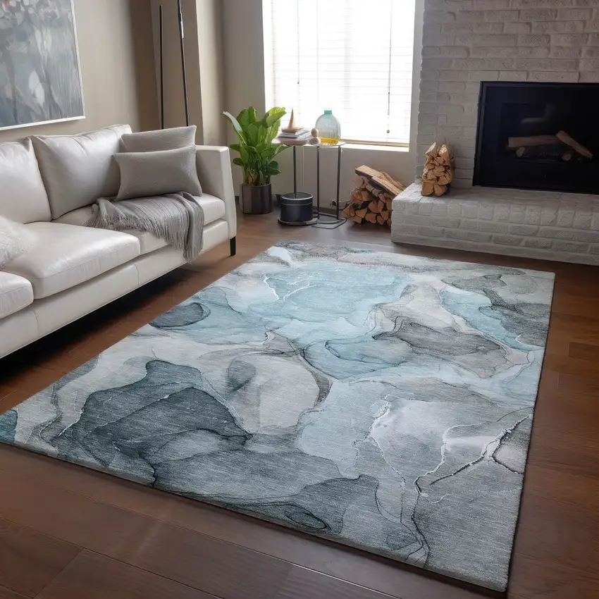 Teal And Gray Abstract Washable Area Rug With UV Protection Photo 6