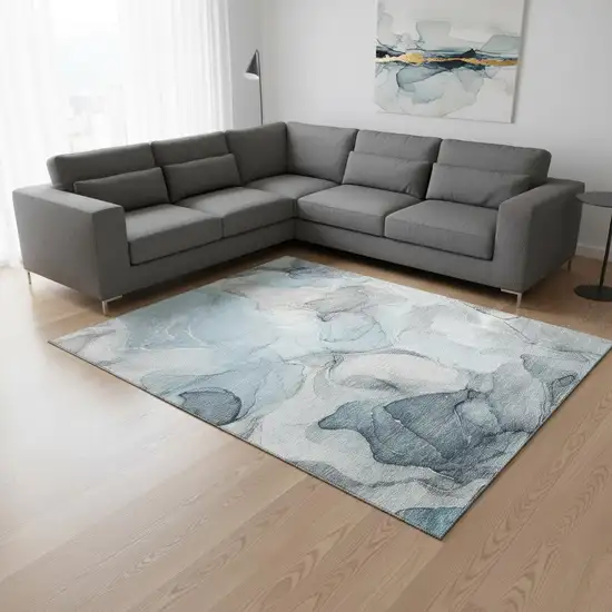 Teal And Gray Abstract Washable Area Rug With UV Protection Photo 1