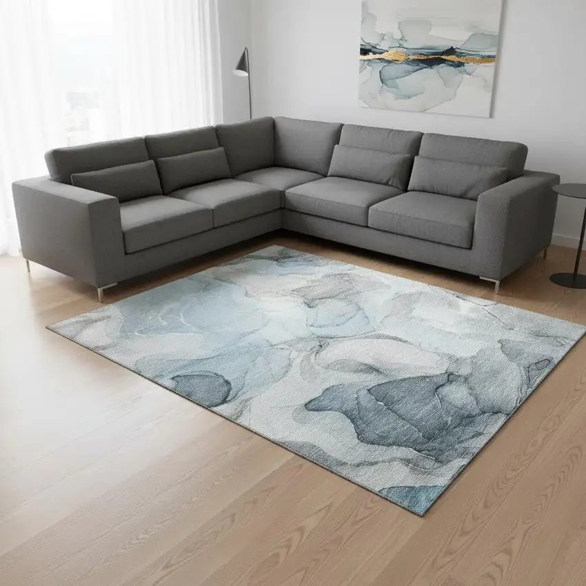Teal And Gray Abstract Washable Area Rug With UV Protection Photo 1