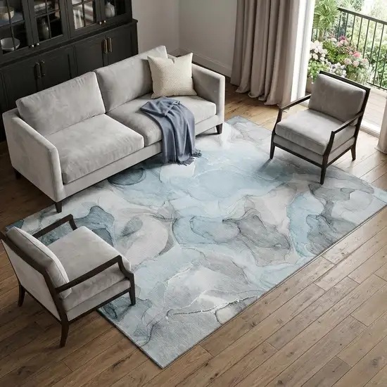 Teal And Gray Abstract Washable Area Rug With UV Protection Photo 1