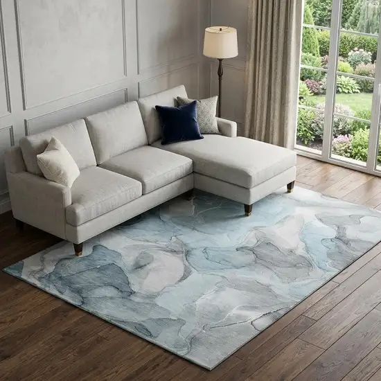 Teal And Gray Abstract Washable Area Rug With UV Protection Photo 1