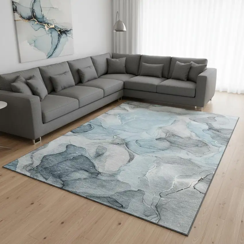 Teal And Gray Abstract Washable Area Rug With UV Protection Photo 1