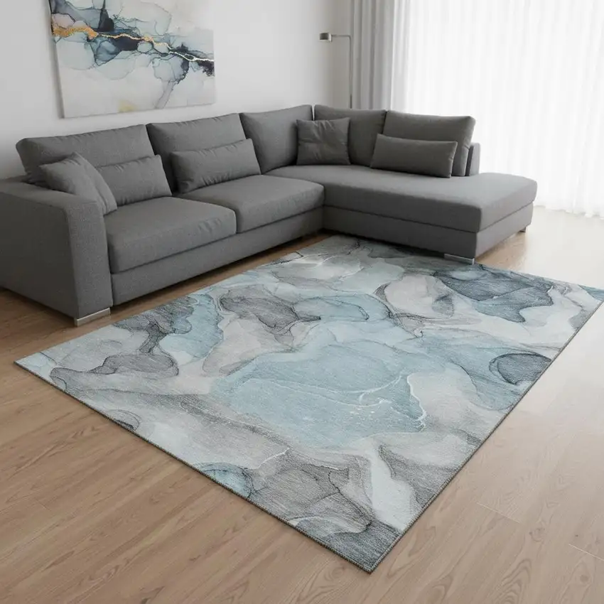 Teal And Gray Abstract Washable Area Rug With UV Protection Photo 4